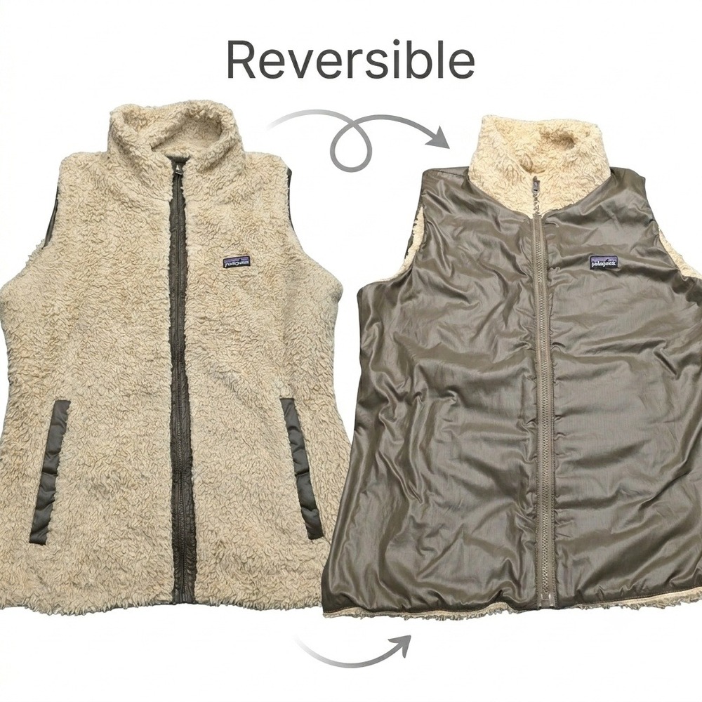 Patagonia Reversible Fleece Vest Womens Medium Cream Olive Green Sherpa Full Zip